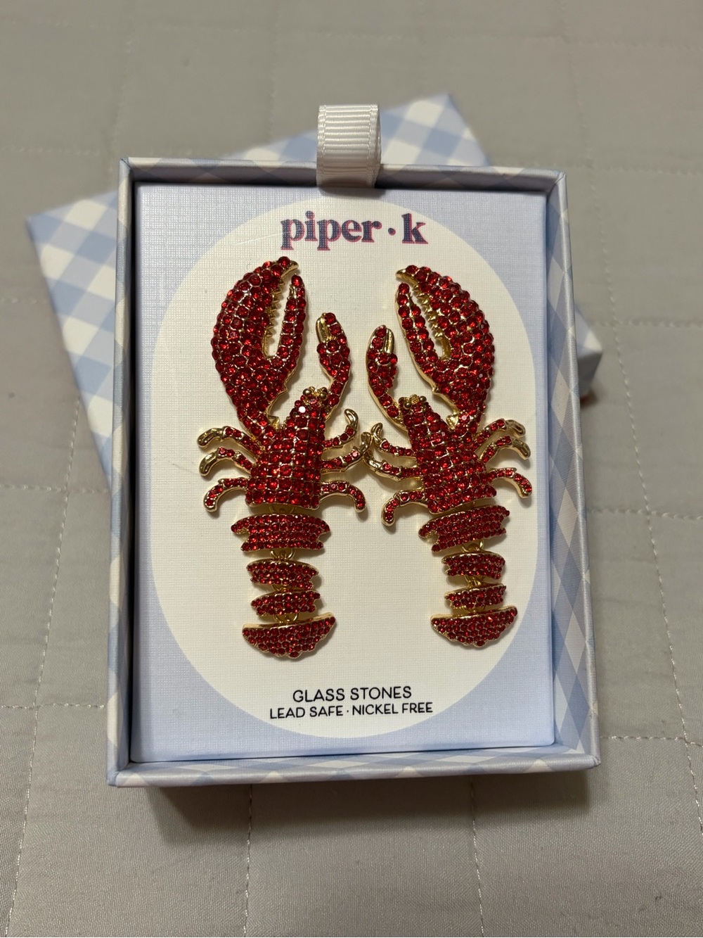 Piper.K Red Crystal Lobster Dangling Gold Tone Post Earrings In Gift Box